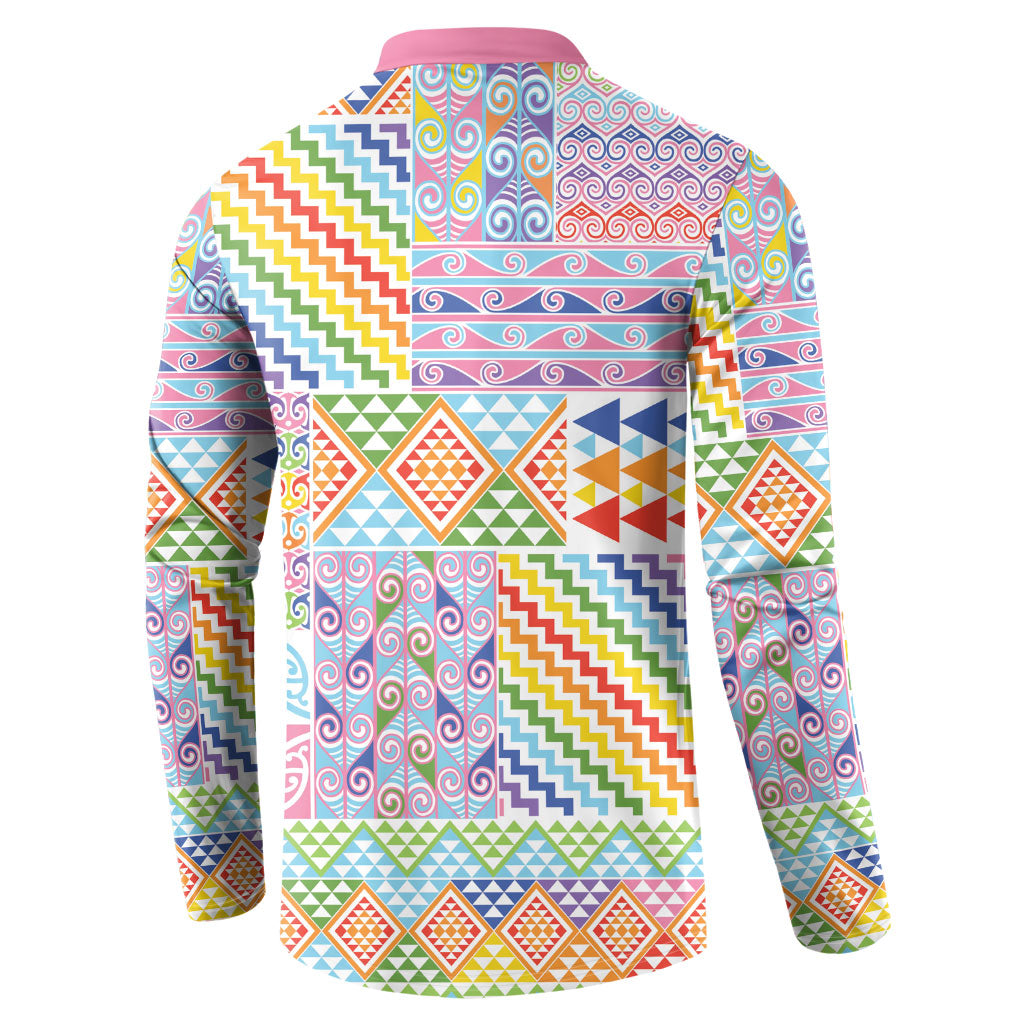 Aotearoa Kowhaiwhai Taniko Patchwork Rainbow Motifs Button Sweatshirt LT9 - Polynesian Pride