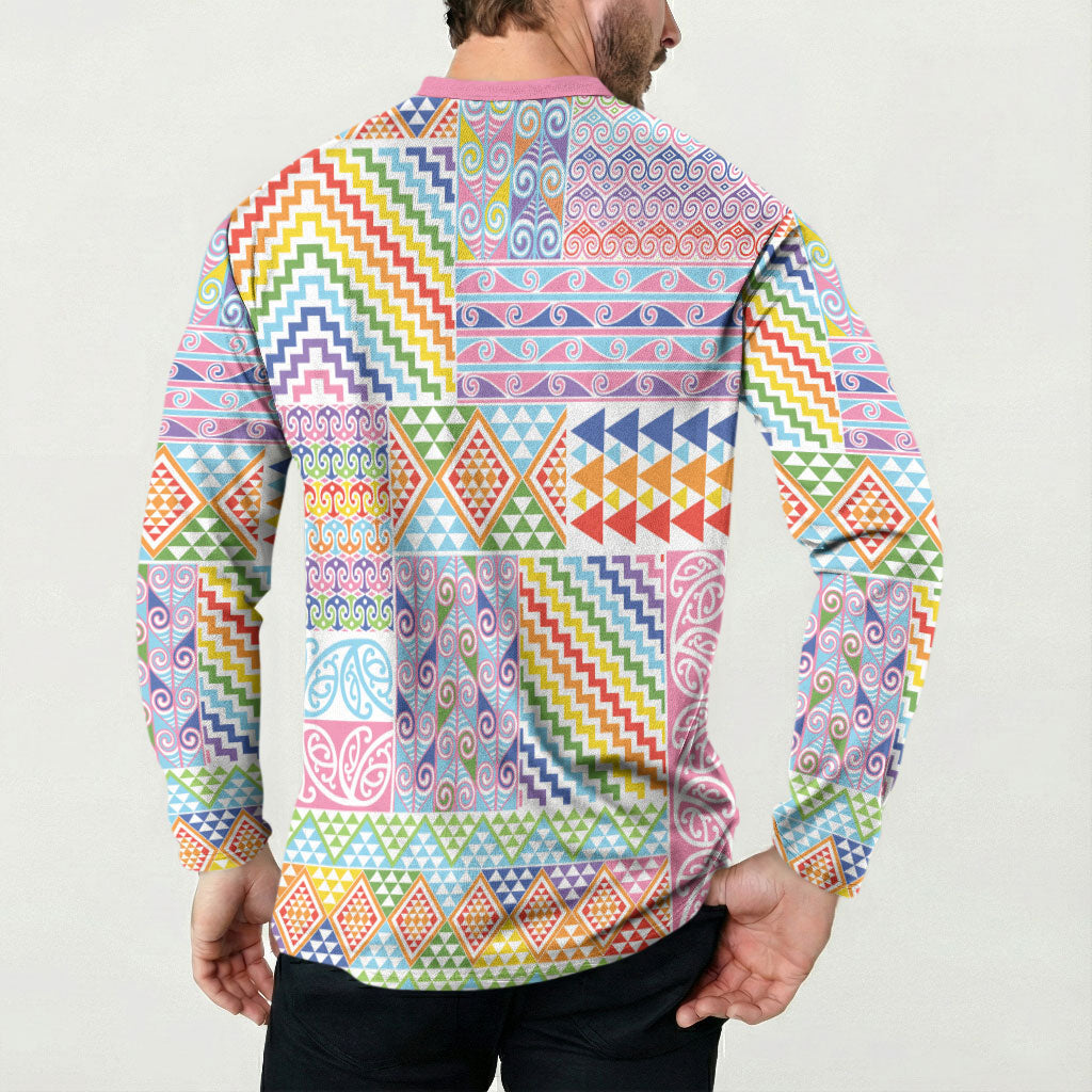 Aotearoa Kowhaiwhai Taniko Patchwork Rainbow Motifs Button Sweatshirt LT9 - Polynesian Pride