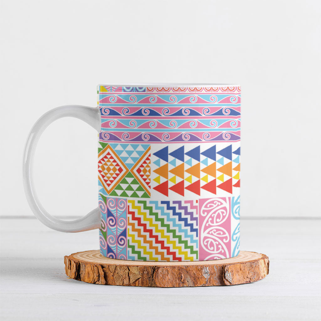 Aotearoa Kowhaiwhai Taniko Patchwork Rainbow Motifs Ceramic Mug LT9 Rainbow - Polynesian Pride