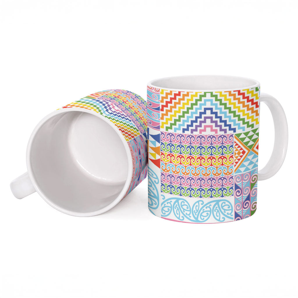 Aotearoa Kowhaiwhai Taniko Patchwork Rainbow Motifs Ceramic Mug LT9 - Polynesian Pride