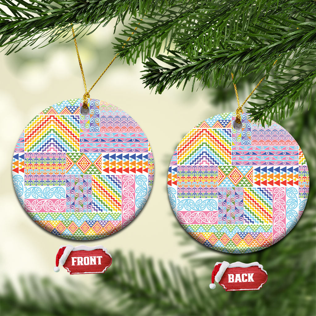 Aotearoa Kowhaiwhai Taniko Patchwork Rainbow Motifs Ceramic Ornament LT9 Circle Rainbow - Polynesian Pride