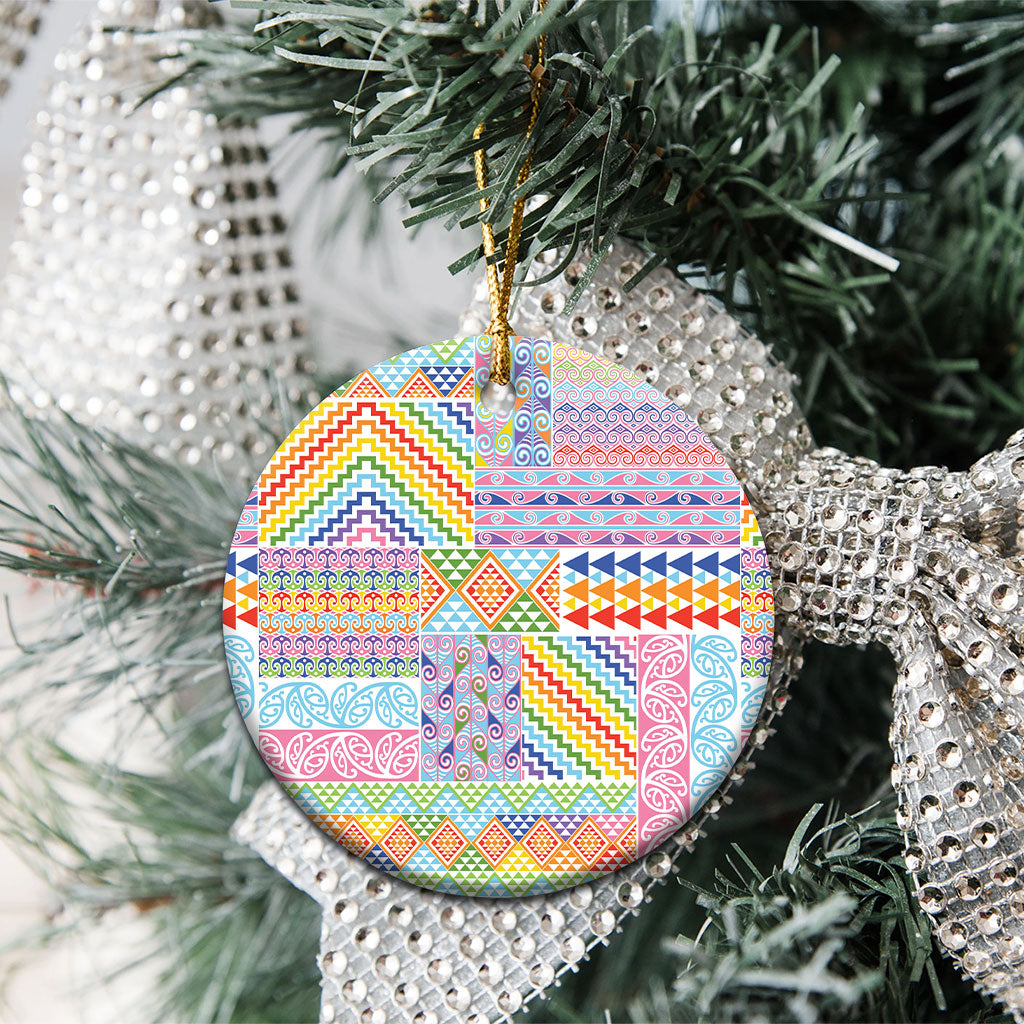 Aotearoa Kowhaiwhai Taniko Patchwork Rainbow Motifs Ceramic Ornament LT9 - Polynesian Pride