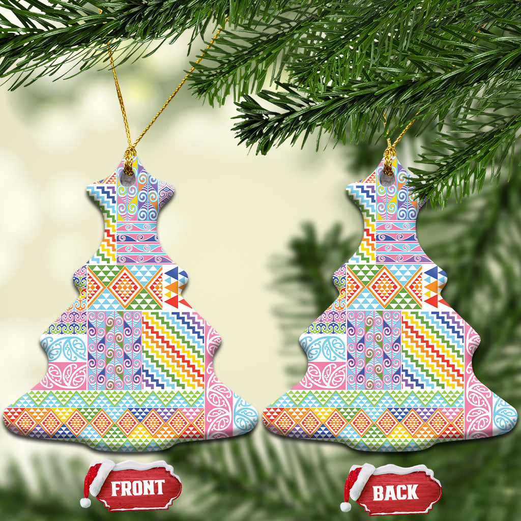 Aotearoa Kowhaiwhai Taniko Patchwork Rainbow Motifs Ceramic Ornament LT9 Christmas Tree Rainbow - Polynesian Pride