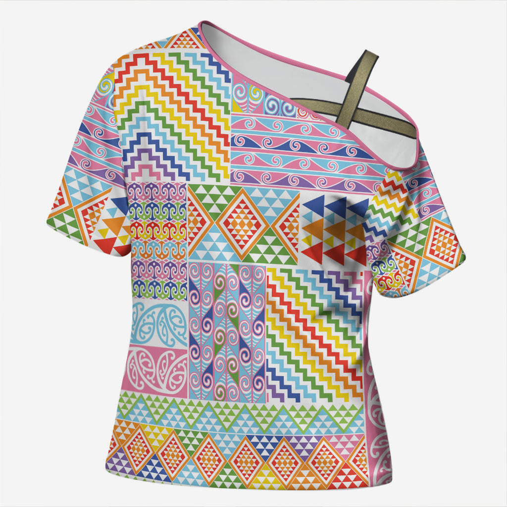 Aotearoa Kowhaiwhai Taniko Patchwork Rainbow Motifs Cross Shoulder Shirt LT9 Female Rainbow - Polynesian Pride