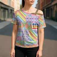 Aotearoa Kowhaiwhai Taniko Patchwork Rainbow Motifs Cross Shoulder Shirt LT9 - Polynesian Pride