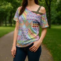 Aotearoa Kowhaiwhai Taniko Patchwork Rainbow Motifs Cross Shoulder Shirt LT9 - Polynesian Pride