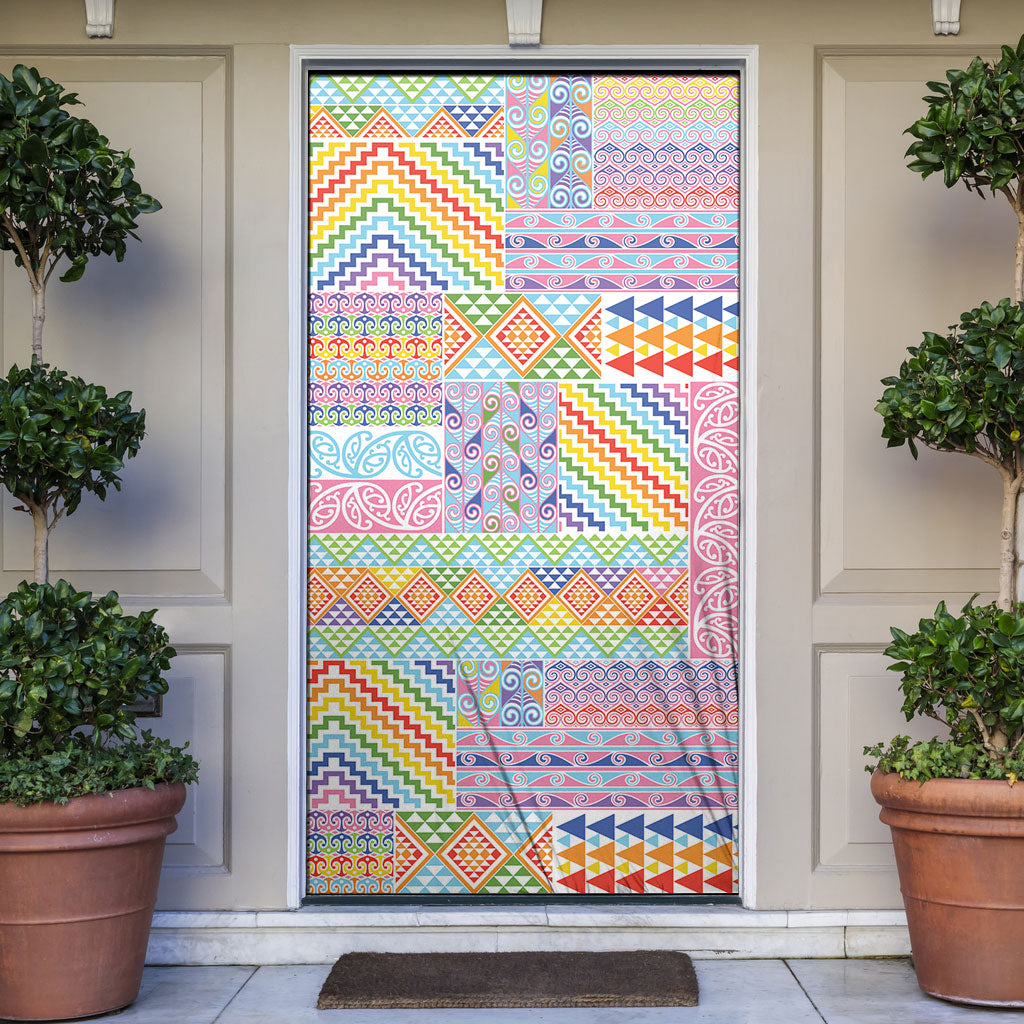 Aotearoa Kowhaiwhai Taniko Patchwork Rainbow Motifs Door Cover LT9 Rainbow - Polynesian Pride