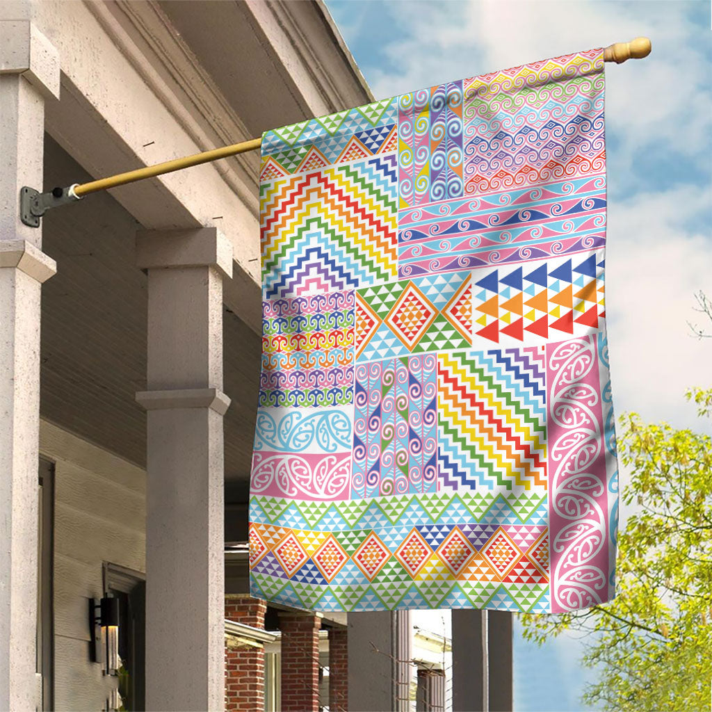 Aotearoa Kowhaiwhai Taniko Patchwork Rainbow Motifs Garden Flag LT9 House Flag Rainbow - Polynesian Pride