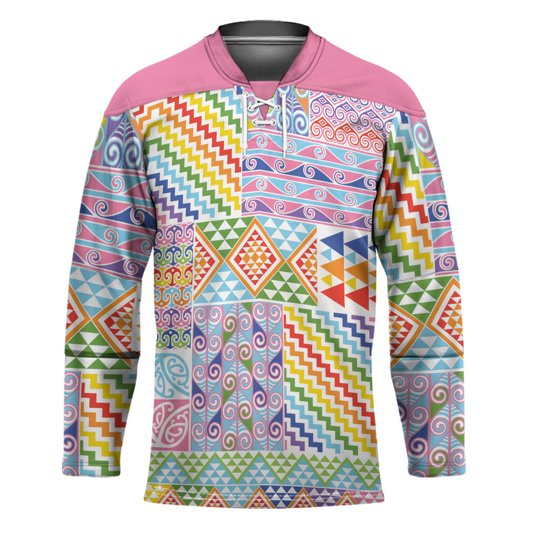Aotearoa Kowhaiwhai Taniko Patchwork Rainbow Motifs Hockey Jersey LT9 Unisex Rainbow - Polynesian Pride