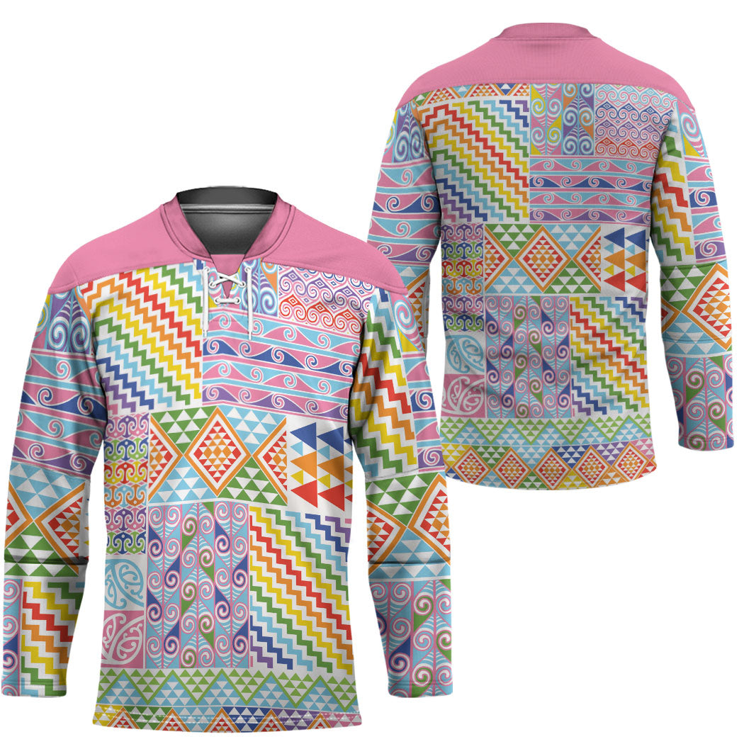 Aotearoa Kowhaiwhai Taniko Patchwork Rainbow Motifs Hockey Jersey LT9 - Polynesian Pride