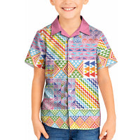 Aotearoa Kowhaiwhai Taniko Patchwork Rainbow Motifs Kid Hawaiian Shirt LT9 Kid Rainbow - Polynesian Pride