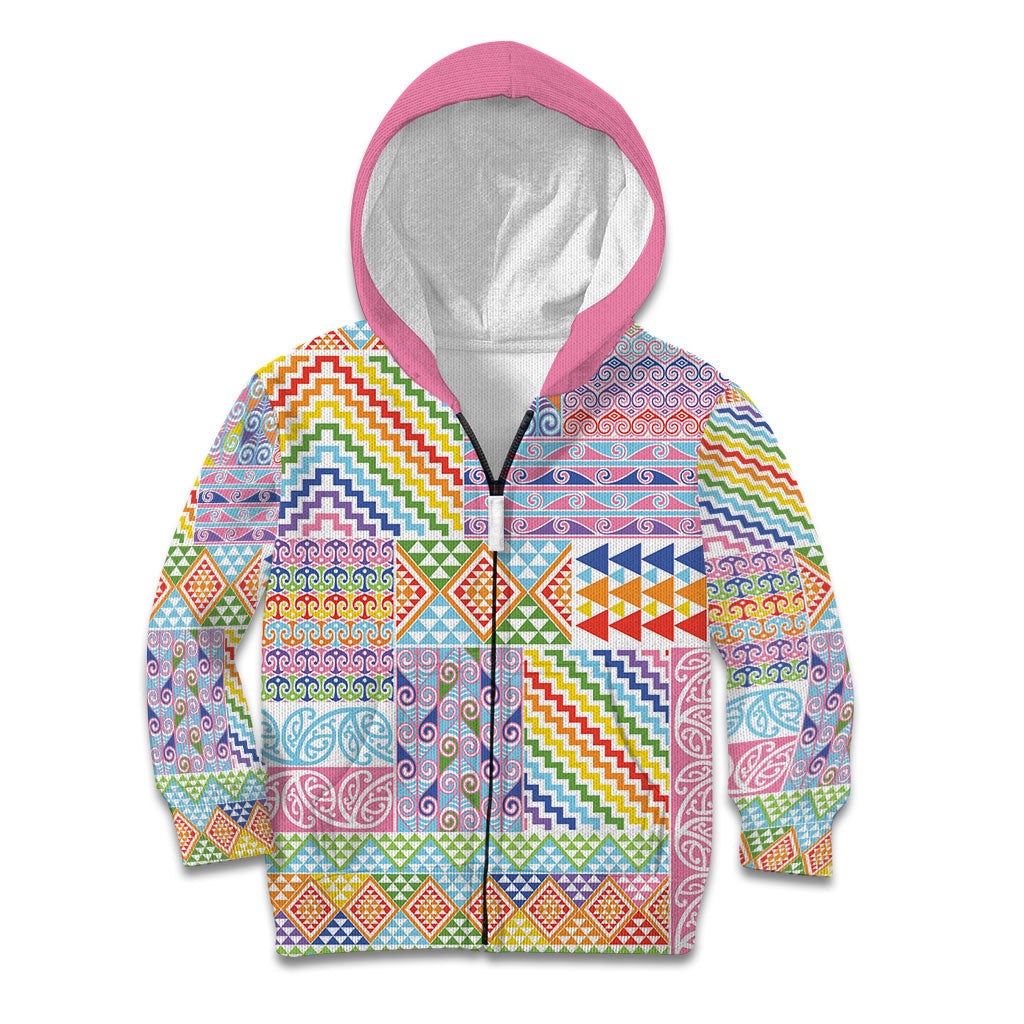 Aotearoa Kowhaiwhai Taniko Patchwork Rainbow Motifs Kid Hoodie LT9 Zip Hoodie Rainbow - Polynesian Pride