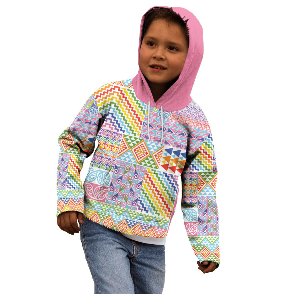 Aotearoa Kowhaiwhai Taniko Patchwork Rainbow Motifs Kid Hoodie LT9 - Polynesian Pride