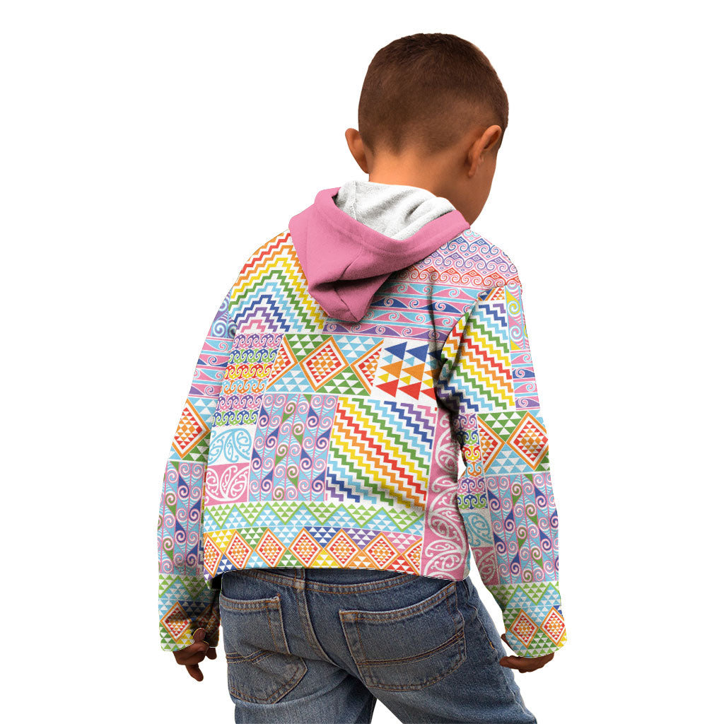 Aotearoa Kowhaiwhai Taniko Patchwork Rainbow Motifs Kid Hoodie LT9 - Polynesian Pride