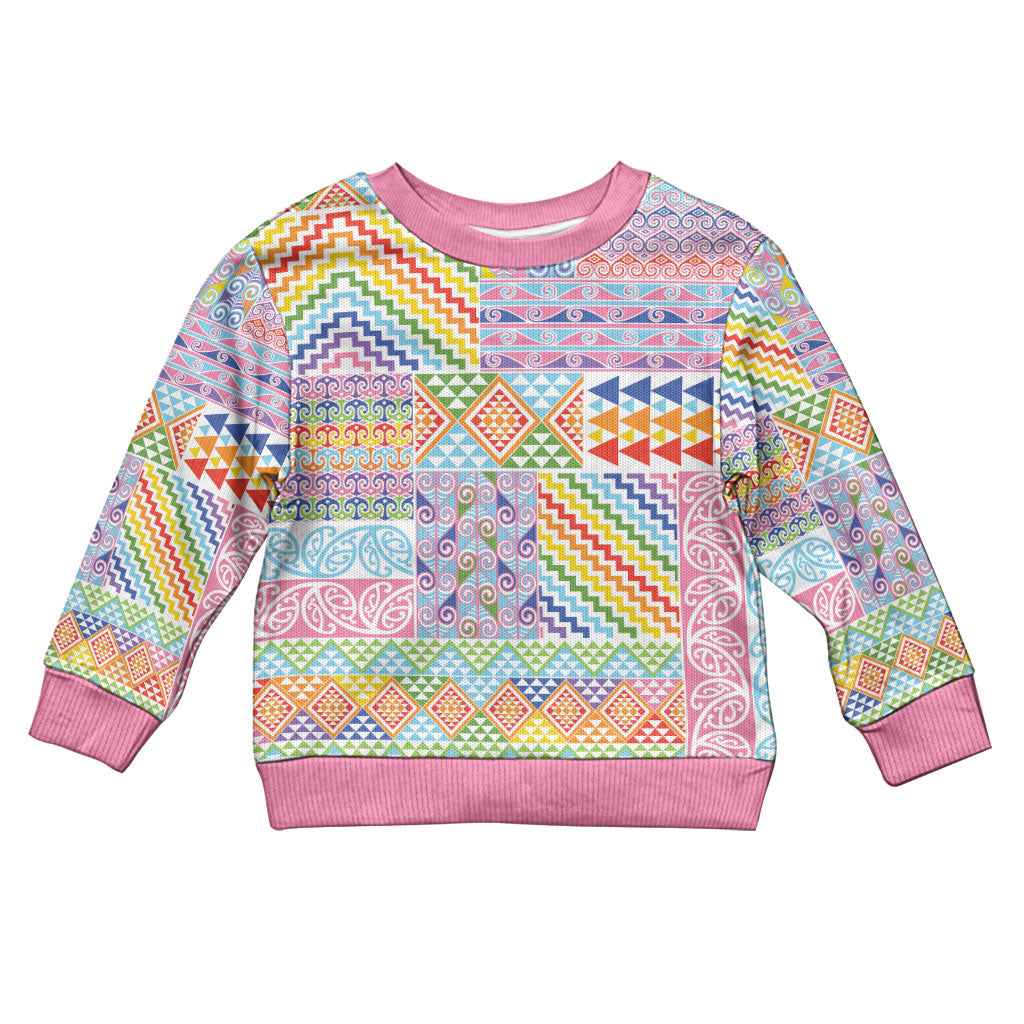 Aotearoa Kowhaiwhai Taniko Patchwork Rainbow Motifs Kid Ugly Christmas Sweater LT9 Kid Rainbow - Polynesian Pride