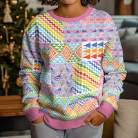 Aotearoa Kowhaiwhai Taniko Patchwork Rainbow Motifs Kid Ugly Christmas Sweater LT9 - Polynesian Pride