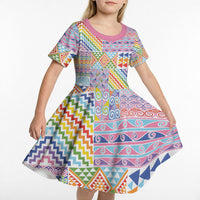 Aotearoa Kowhaiwhai Taniko Patchwork Rainbow Motifs Kid Short Sleeve Dress LT9 - Polynesian Pride