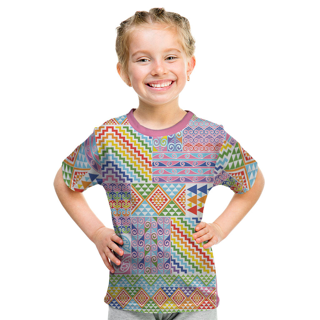 Aotearoa Kowhaiwhai Taniko Patchwork Rainbow Motifs Kid T Shirt LT9 Rainbow - Polynesian Pride