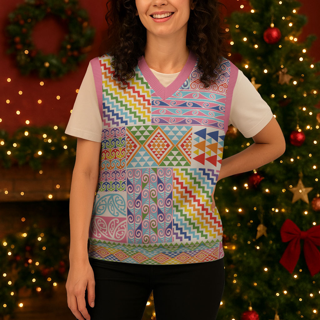 Aotearoa Kowhaiwhai Taniko Patchwork Rainbow Motifs Christmas Knitted V-Neck Vest LT9 - Polynesian Pride