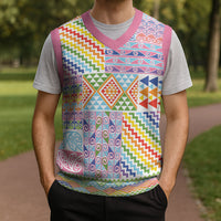Aotearoa Kowhaiwhai Taniko Patchwork Rainbow Motifs Christmas Knitted V-Neck Vest LT9 - Polynesian Pride