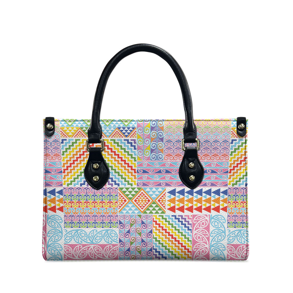 Aotearoa Kowhaiwhai Taniko Patchwork Rainbow Motifs Leather Bag LT9 - Polynesian Pride