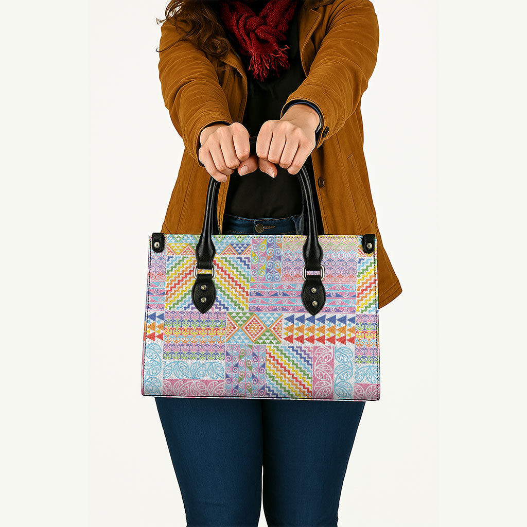 Aotearoa Kowhaiwhai Taniko Patchwork Rainbow Motifs Leather Bag LT9 - Polynesian Pride