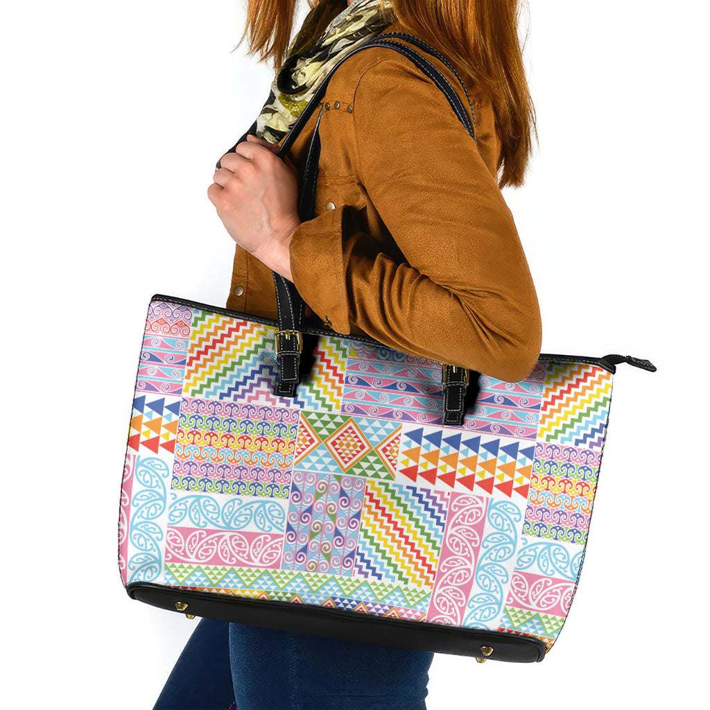 Aotearoa Kowhaiwhai Taniko Patchwork Rainbow Motifs Leather Tote Bag LT9 Rainbow - Polynesian Pride