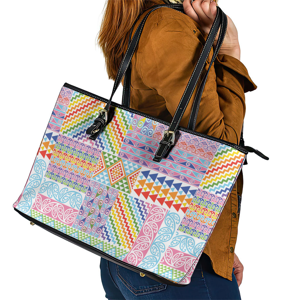 Aotearoa Kowhaiwhai Taniko Patchwork Rainbow Motifs Leather Tote Bag LT9 - Polynesian Pride