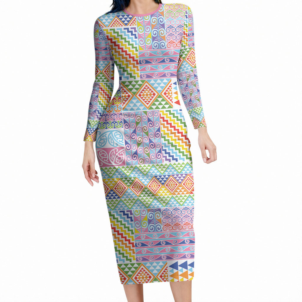 Aotearoa Kowhaiwhai Taniko Patchwork Rainbow Motifs Long Sleeve Bodycon Dress LT9 Long Dress Rainbow - Polynesian Pride