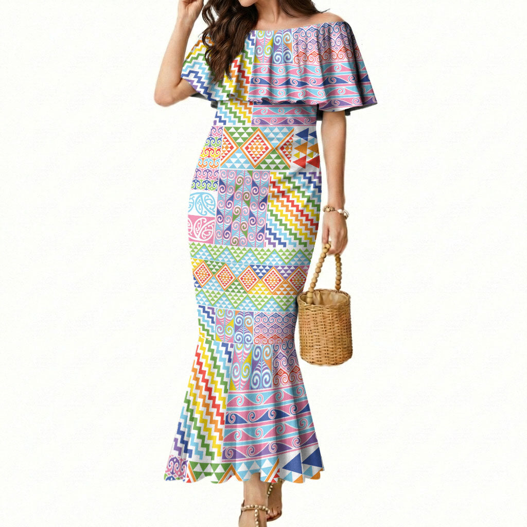 Aotearoa Kowhaiwhai Taniko Patchwork Rainbow Motifs Mermaid Dress LT9 Women Rainbow - Polynesian Pride
