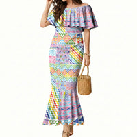 Aotearoa Kowhaiwhai Taniko Patchwork Rainbow Motifs Mermaid Dress LT9 Women Rainbow - Polynesian Pride