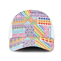 Aotearoa Kowhaiwhai Taniko Patchwork Rainbow Motifs Mesh Trucker Cap LT9 One Size White Rainbow - Polynesian Pride