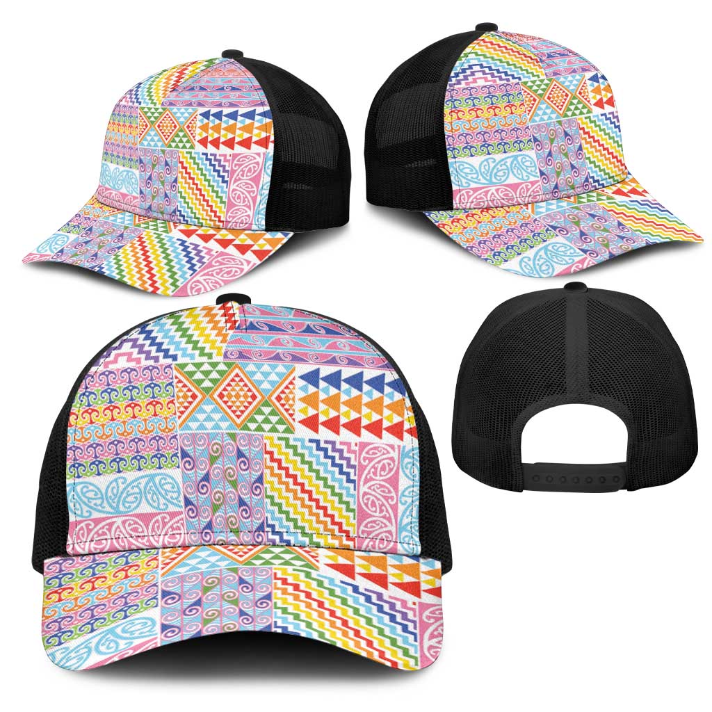 Aotearoa Kowhaiwhai Taniko Patchwork Rainbow Motifs Mesh Trucker Cap LT9 - Polynesian Pride