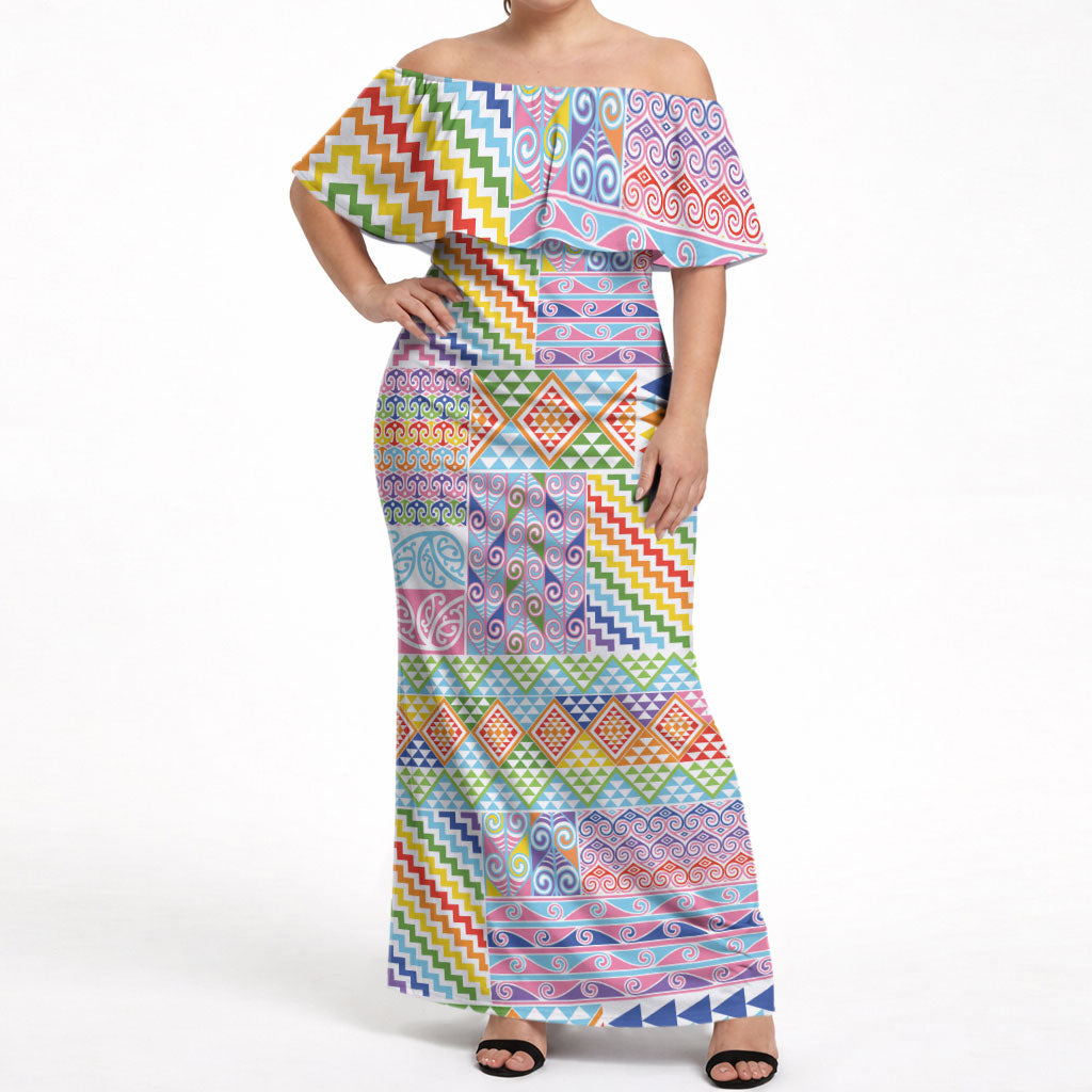 Aotearoa Kowhaiwhai Taniko Patchwork Rainbow Motifs Off Shoulder Maxi Dress LT9 Women Rainbow - Polynesian Pride