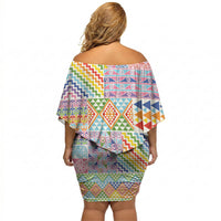 Aotearoa Kowhaiwhai Taniko Patchwork Rainbow Motifs Off Shoulder Short Dress LT9 - Polynesian Pride