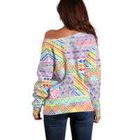 Aotearoa Kowhaiwhai Taniko Patchwork Rainbow Motifs Off Shoulder Sweater LT9 - Polynesian Pride
