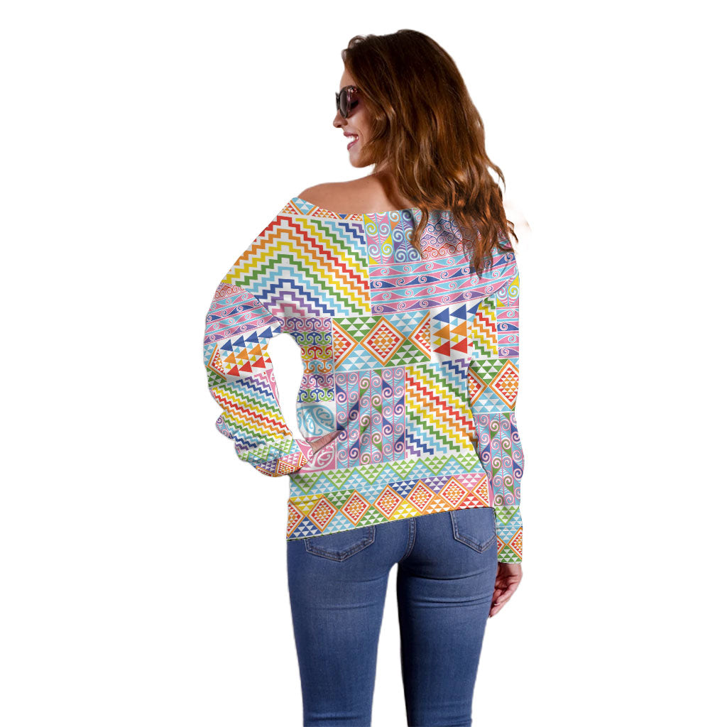 Aotearoa Kowhaiwhai Taniko Patchwork Rainbow Motifs Off Shoulder Sweater LT9 - Polynesian Pride