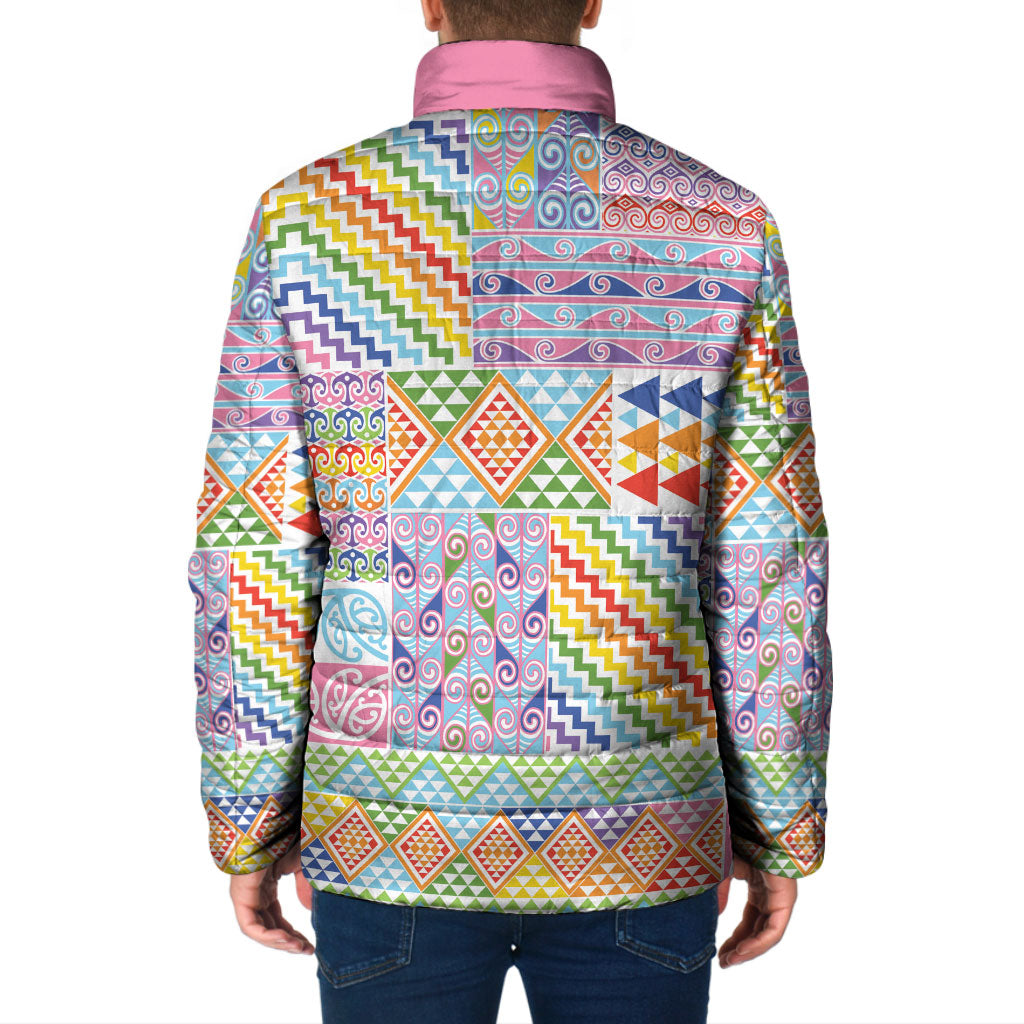 Aotearoa Kowhaiwhai Taniko Patchwork Rainbow Motifs Padded Jacket LT9 - Polynesian Pride