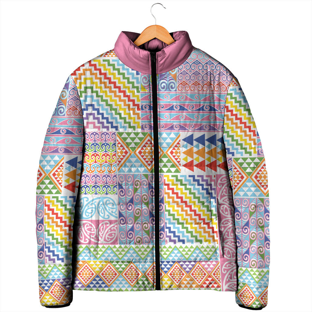 Aotearoa Kowhaiwhai Taniko Patchwork Rainbow Motifs Padded Jacket LT9 - Polynesian Pride