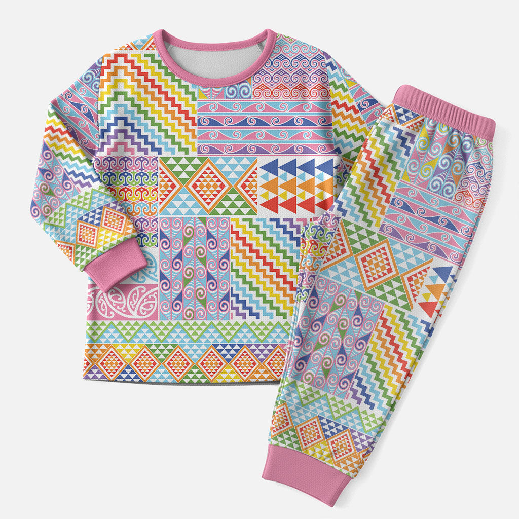 Aotearoa Kowhaiwhai Taniko Patchwork Rainbow Motifs Christmas Pajama Set LT9 Men Rainbow - Polynesian Pride