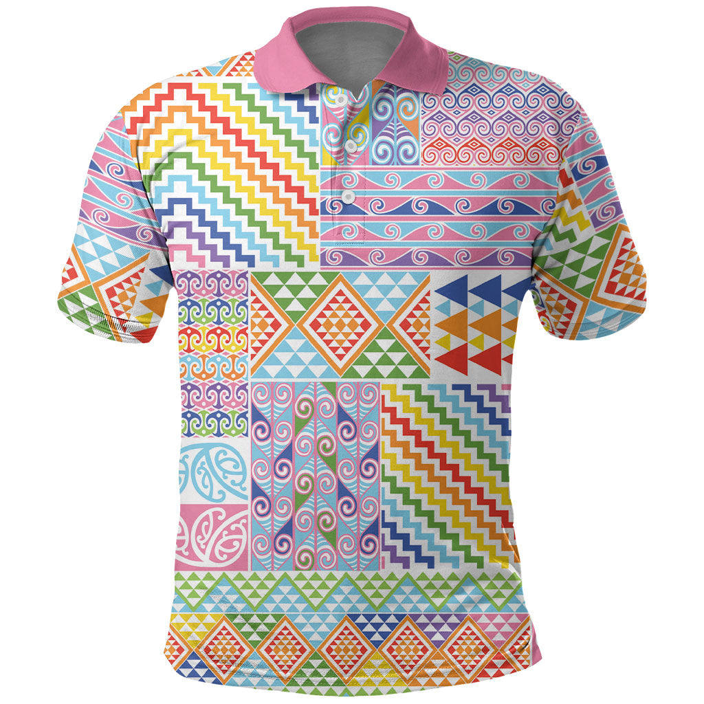 Aotearoa Kowhaiwhai Taniko Patchwork Rainbow Motifs Polo Shirt LT9 Rainbow - Polynesian Pride