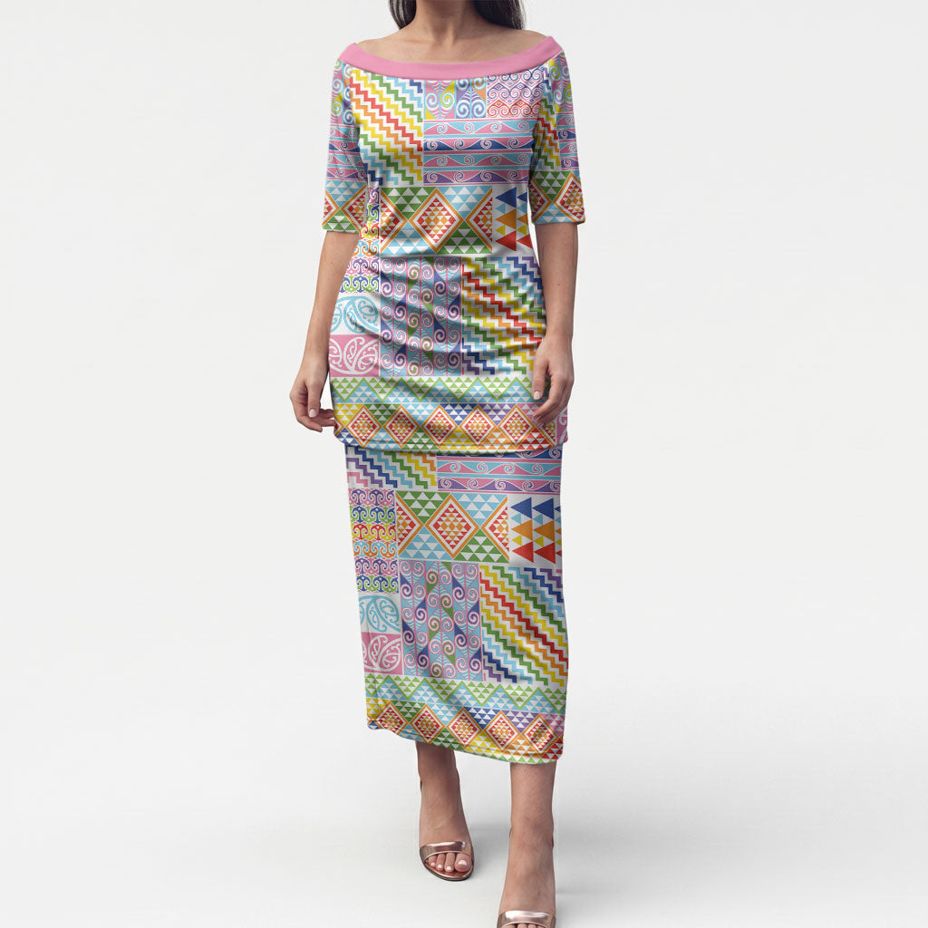 Aotearoa Kowhaiwhai Taniko Patchwork Rainbow Motifs Puletasi LT9 Long Dress Rainbow - Polynesian Pride