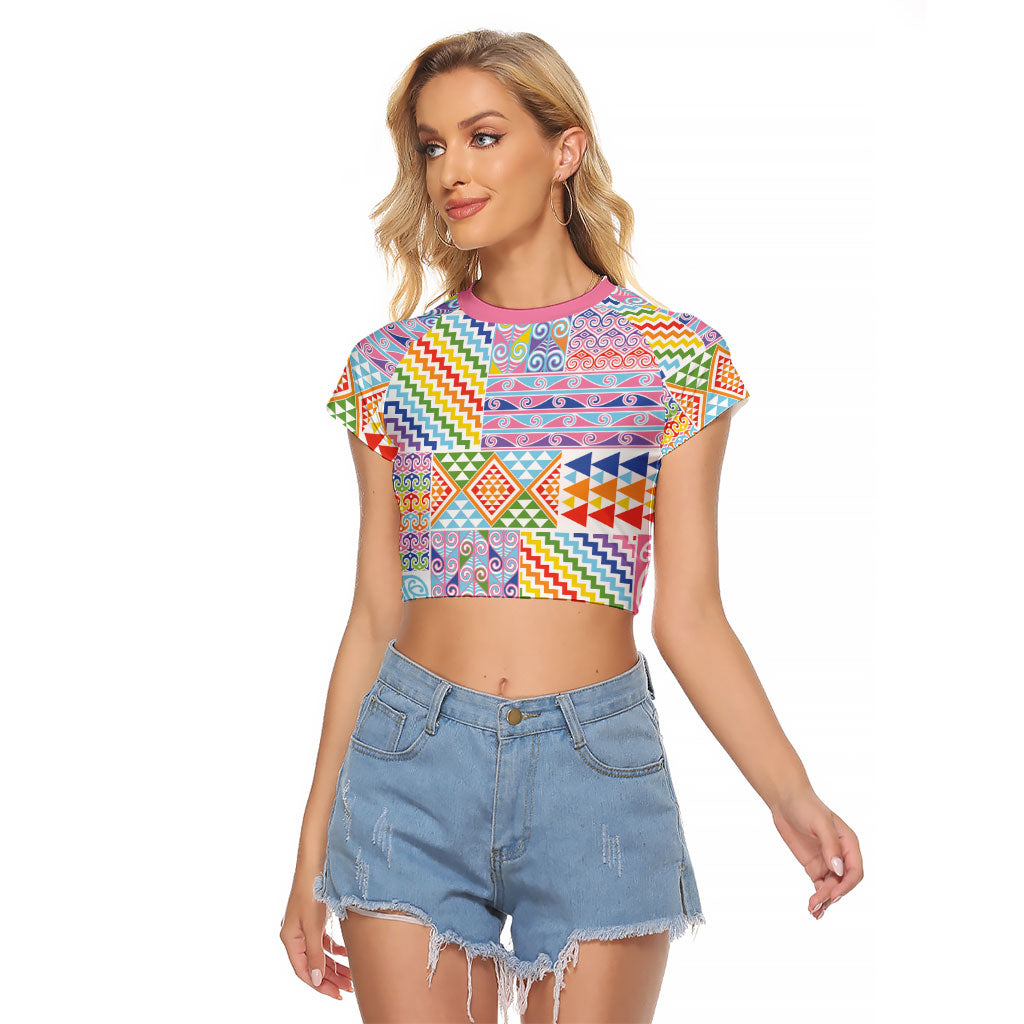 Aotearoa Kowhaiwhai Taniko Patchwork Rainbow Motifs Raglan Cropped T Shirt LT9 Female Rainbow - Polynesian Pride