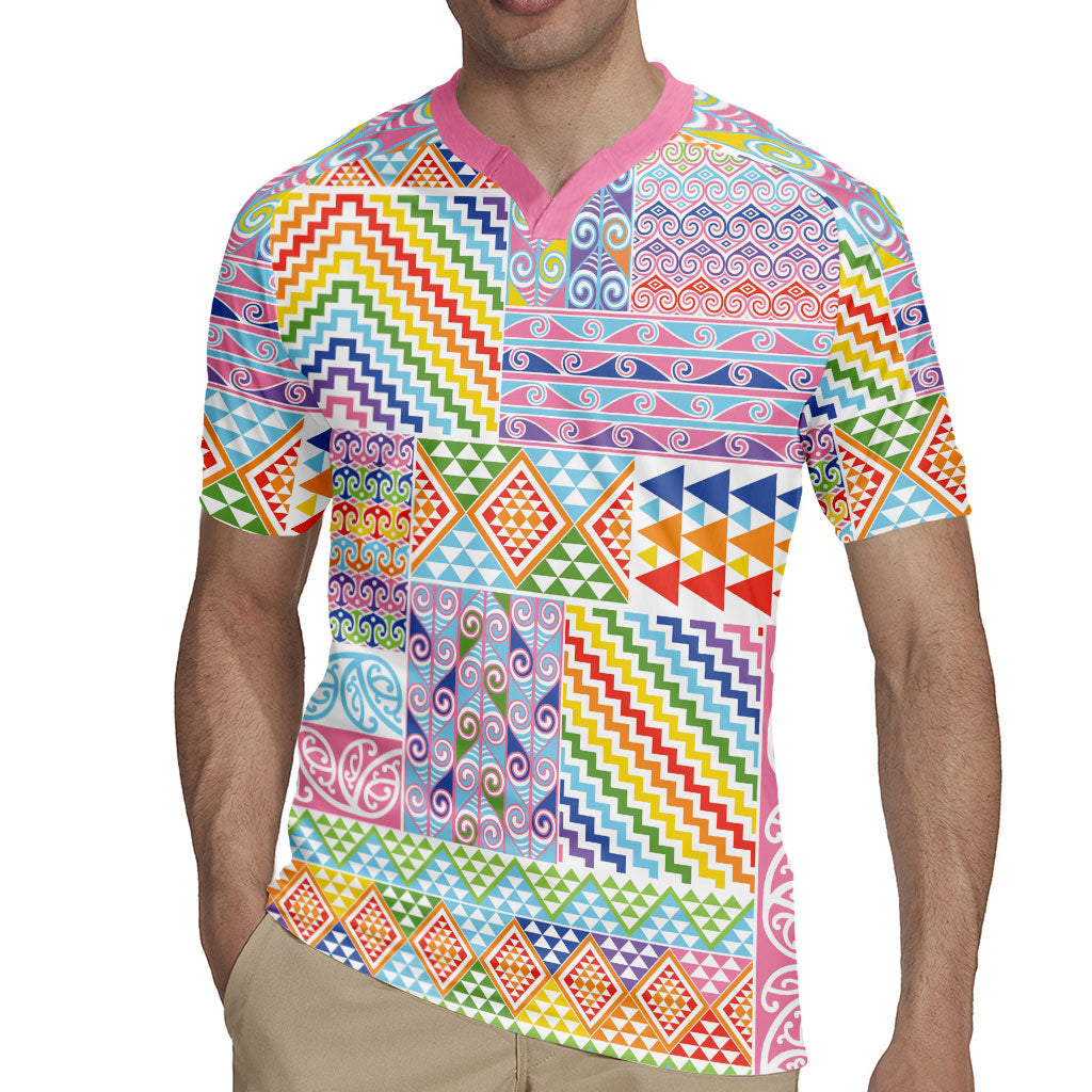 Aotearoa Kowhaiwhai Taniko Patchwork Rainbow Motifs Rugby Jersey LT9 - Polynesian Pride