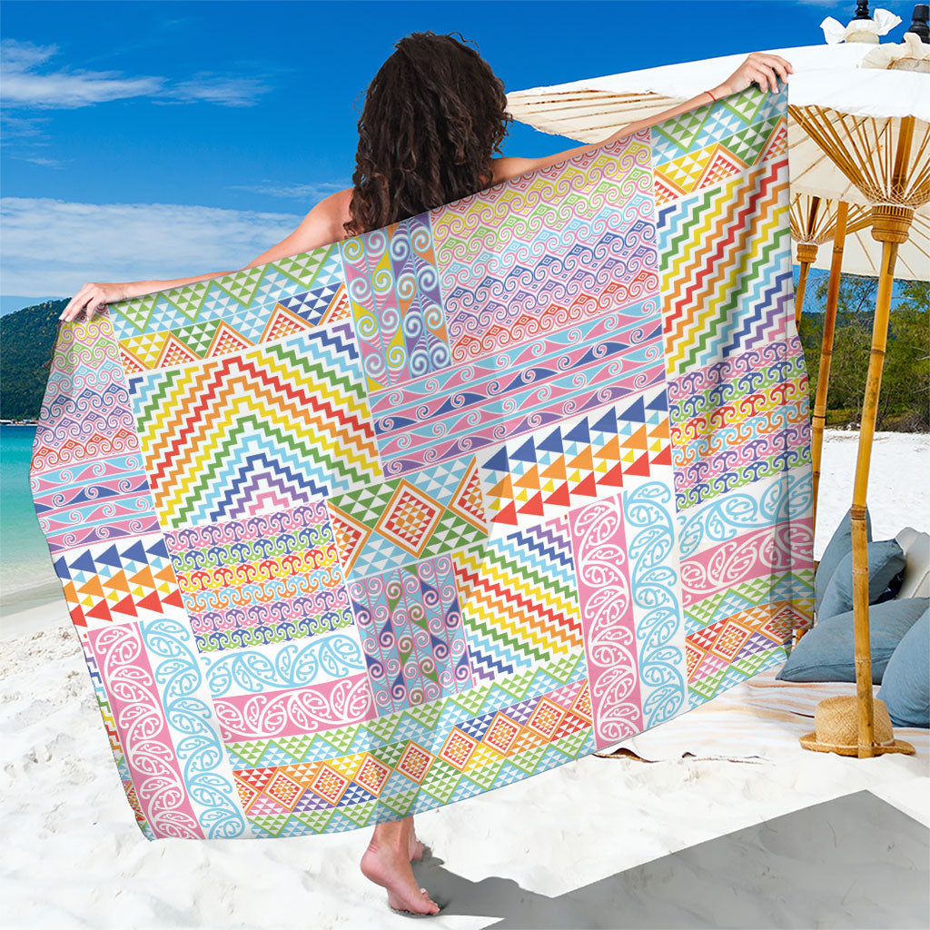Aotearoa Kowhaiwhai Taniko Patchwork Rainbow Motifs Sarong LT9 One Size 44 x 66 inches Rainbow - Polynesian Pride