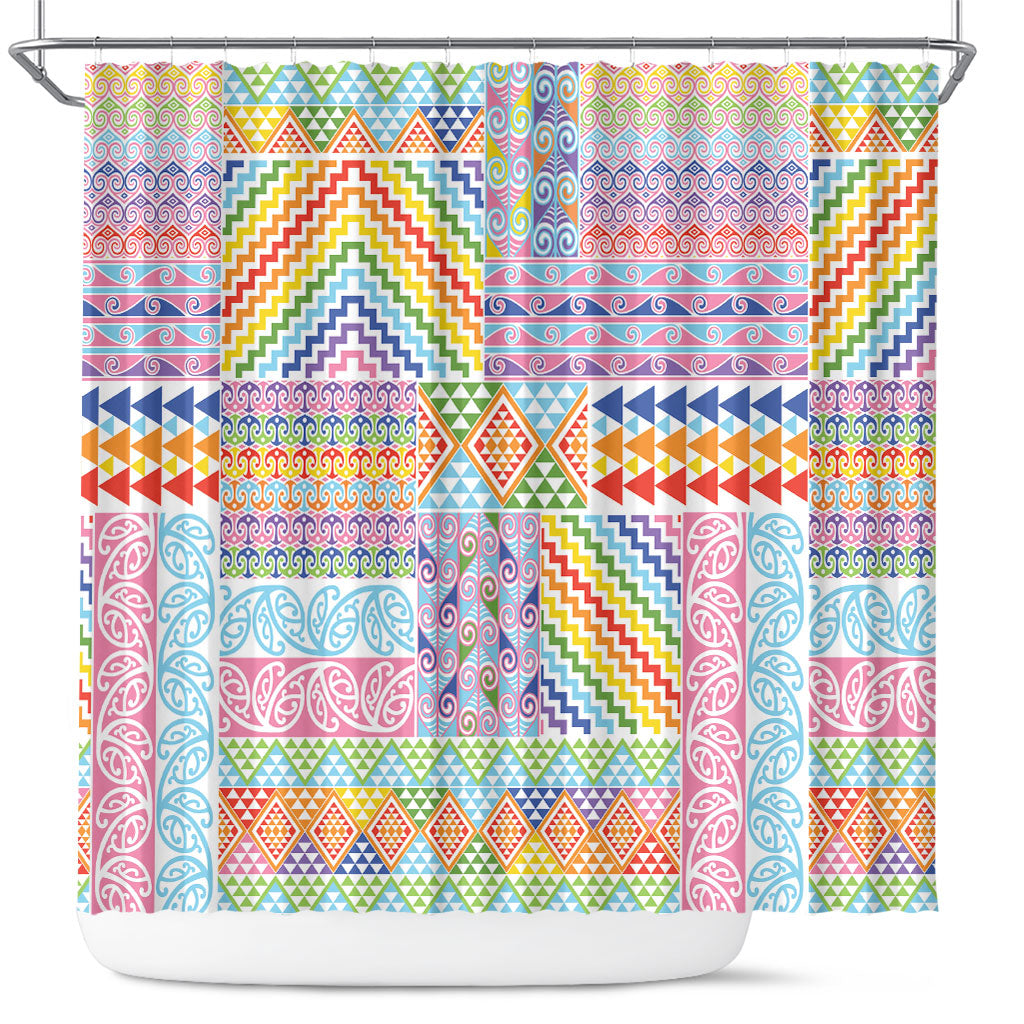 Aotearoa Kowhaiwhai Taniko Patchwork Rainbow Motifs Shower Curtain LT9 Rainbow - Polynesian Pride