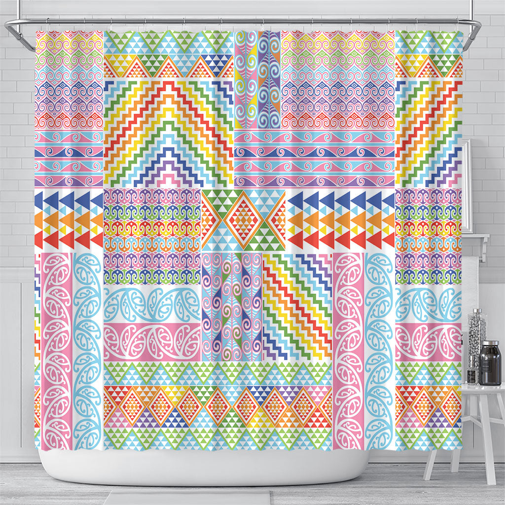Aotearoa Kowhaiwhai Taniko Patchwork Rainbow Motifs Shower Curtain LT9 - Polynesian Pride