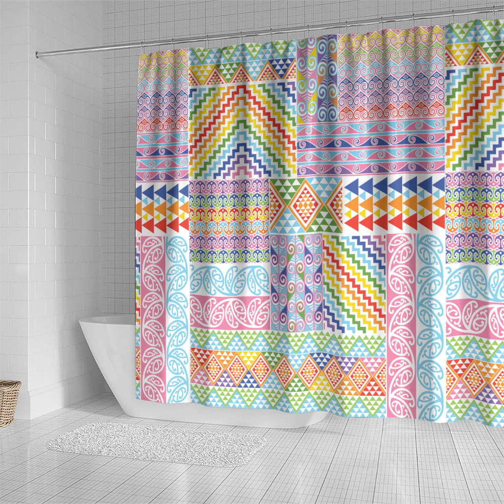 Aotearoa Kowhaiwhai Taniko Patchwork Rainbow Motifs Shower Curtain LT9 - Polynesian Pride
