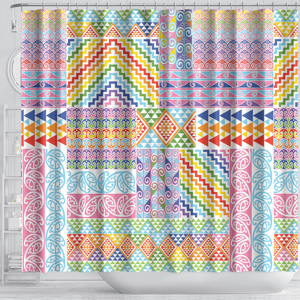 Aotearoa Kowhaiwhai Taniko Patchwork Rainbow Motifs Shower Curtain LT9 - Polynesian Pride