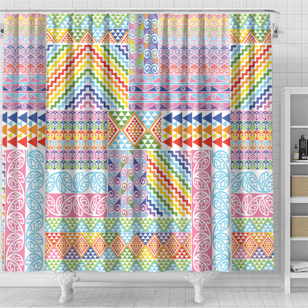 Aotearoa Kowhaiwhai Taniko Patchwork Rainbow Motifs Shower Curtain LT9 - Polynesian Pride